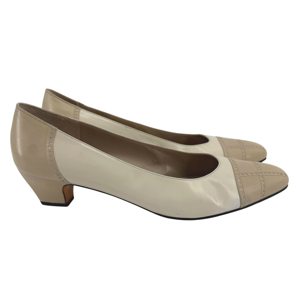 Salvatore Ferragamo Vintage Two Tone Leather Pumps Cream Tan Size 10 AA (Narrow)